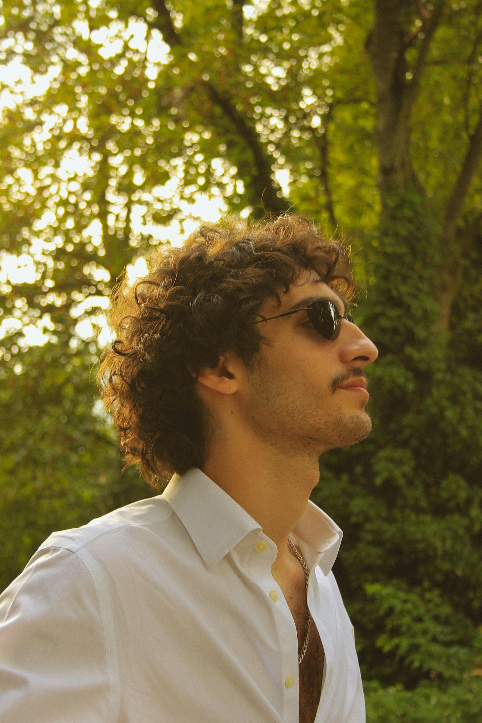 Profile shot of a young man in sunglasses and white shirt outdoors on a sunny day.